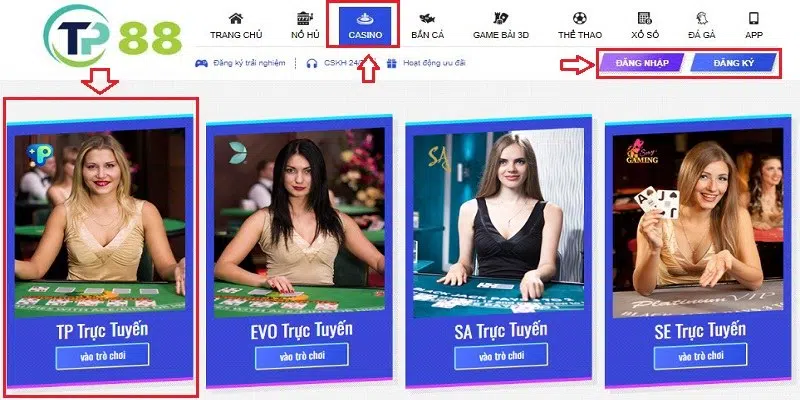 Thao tác 4 bước tham gia chơi casino live tại TP88